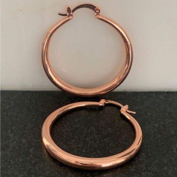 18K Rose Gold Plated Hoop Earrings Polished Large Round Tube Hoops Unisex Hoops - Picture 7 of 10